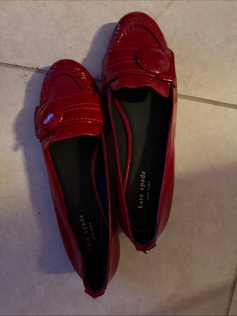 kate spade Red Patent Leather Penny Loafers with Button Accent